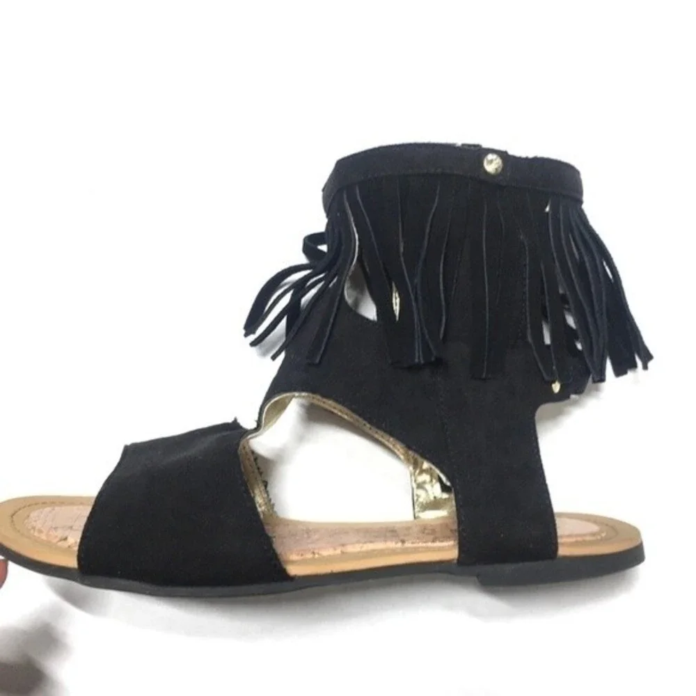 Stuart Weitzman Camia Fringe Black Sandal Size 5